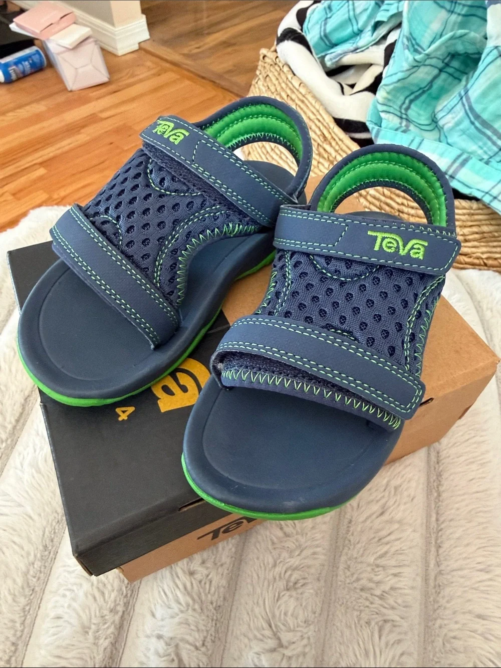 Teva Kids Navy and Bright Green Mesh Adjustable Sandals - 9